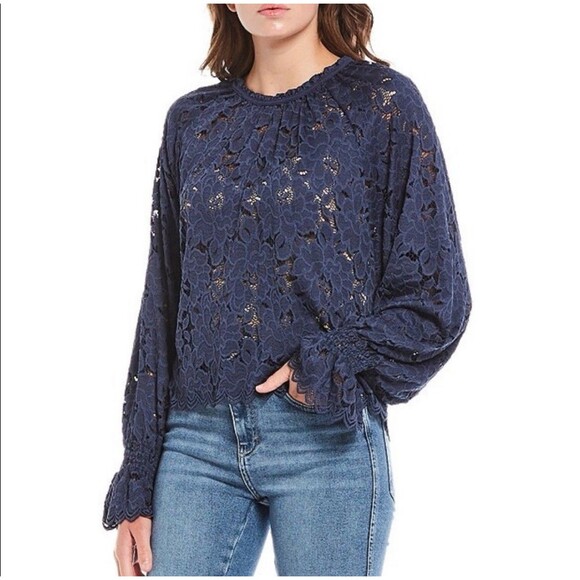 Free People Sheer Blue Lace Floral Peasant Olivia Blouse Small Long Sleeve Boho - Picture 1 of 10